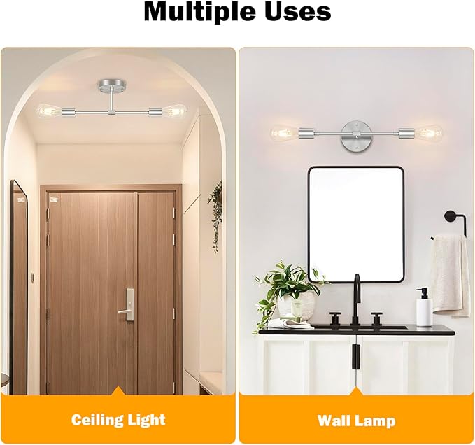 FadimiKoo 2-Light Brushed Nickel Vanity Lights for Bathroom, Silver Bathroom Lighting Fixtures Over Mirror, Modern Indoor Wall Sconce Lighting for Bedroom Living Room Kitchen (1 Pack)