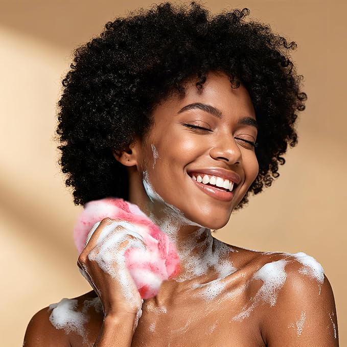 Real African Net Sponge - 2 Pieces Premium Body Exfoliator - Gentle Scrub for Dry/Sensitive Skin - Durable & Easy Rinse Shower Essential (Pink Gray)