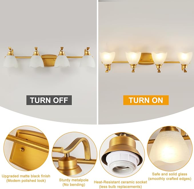 Bathroom Light Fixtures (4-Light, 32 Inch), Brushed Gold Vanity Lights for Bathroom with White Frosted Glass Shade, Modern Vanity Wall Lights for Mirror Bedroom Living Room Hallway