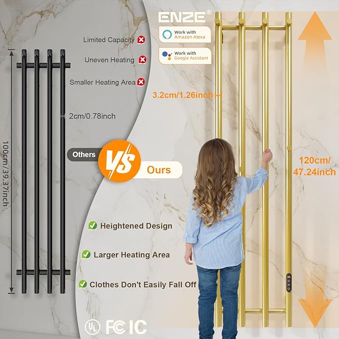 ENZE Smart Heated Towel Rack, Wall Mounted Electric Towel Warmer 300W for Bathroom, WiFi App Control, LED Touch Screen, Adjustable Temperature, 24H Timer, Vertical Model, IPX5, Plug-in/Hardwired, Gold