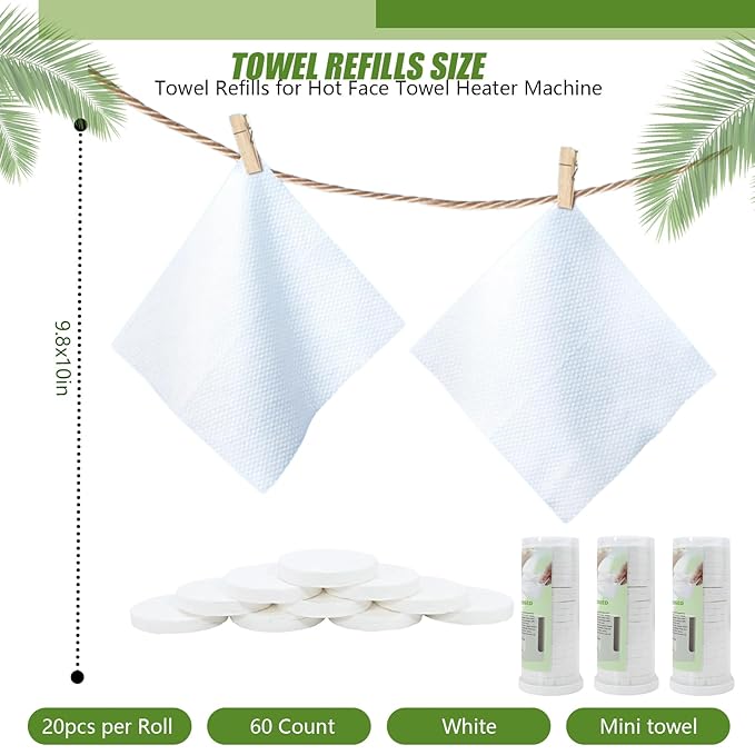 Replacement Towels for Hot Face Towel Warmer - 60 Count White Compressed Spa Towels (3 Rolls of 20), Compatible Refills for Facial Care & Professional Salon Use