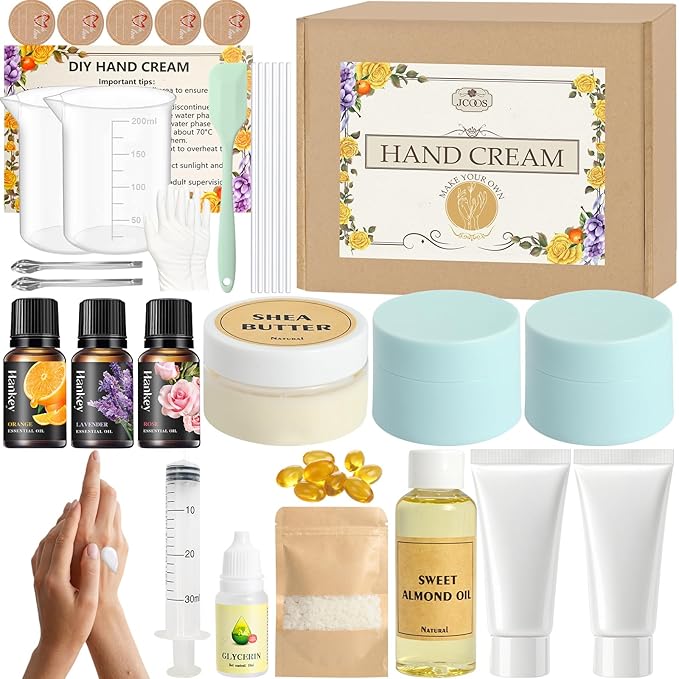 DIY Hand Cream Making Kit, JCOOS Handcream For Dry Hands, hand Lotion with Shea Butter, Almond Oil, Essential Oils Natural Whipped Shea Butter Body Butter Making Kit Valentine's Day gift for Women
