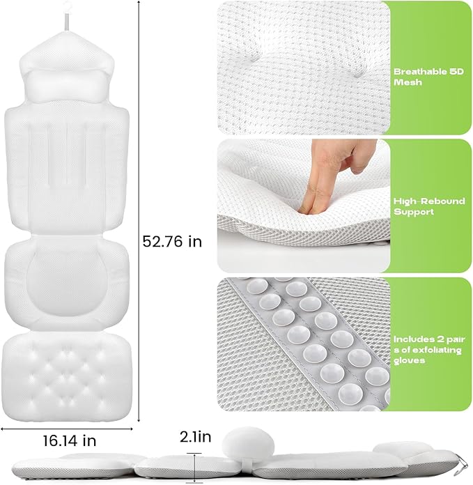 Luxury Full Body Bath Pillow for Tub - 4D Air Mesh Bathtub Cushion Mat with Extra Thick Neck, Back & Lumbar Support - Ergonomic Spa Pillow for Headrest & Shoulder Relief, Non-Slip, White