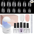 AILLSA Nail Extension Kit Short Almond Nail Tips 240pcs with 2 In 1 Nail Glue Base Coat and Nail Dehydrator, Gel Nail Tips Kit with Nail Lamp Top Coat for Starters Home Salon