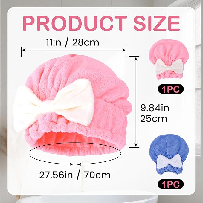 PAGOW 2pcs Microfiber Hair Towel, Pink Blue Ultra Soft Absorbent Hair Drying Towel Wrap with Bow, Fast Drying Shower Cap Hair Towel Wrap for Women Bathing Spa