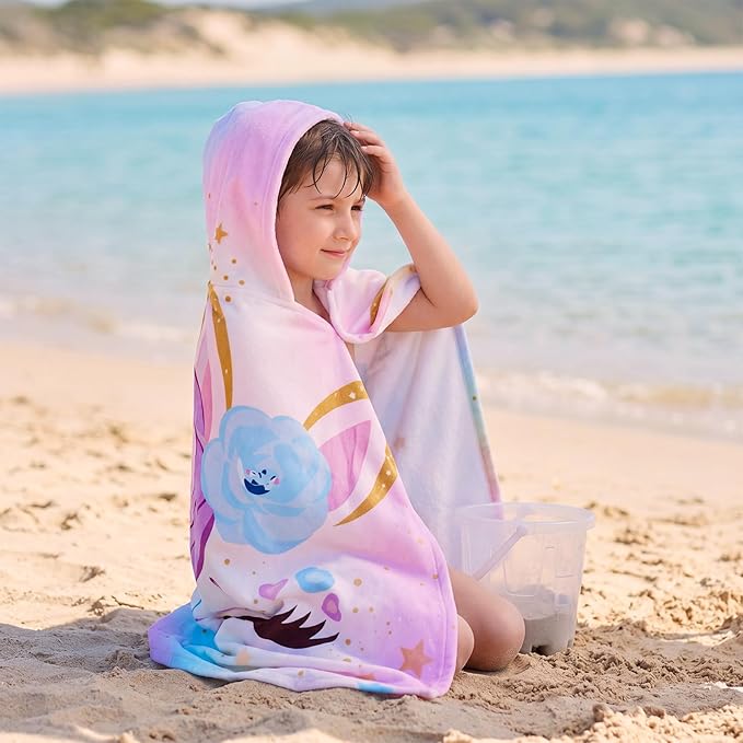 Peryiter 1 Pcs Unicorn Hooded Bath and Beach Towel 100% Cotton Pool Towels Wearable Bath Poncho Wrap for Swimming Shower Pool Travel Trips Vacations Absorbent Soft Cozy Beach Blanket