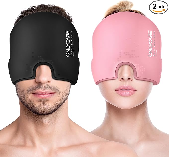 ONLYCARE Migraine Relief Cap,Soothing Migraine Mask,Upgraded Odorless Gel Ice Head Wrap, Hot and Cold Therapy, Headache Ice Pack for Tension and Stress(Black & Pink, 2 Count)