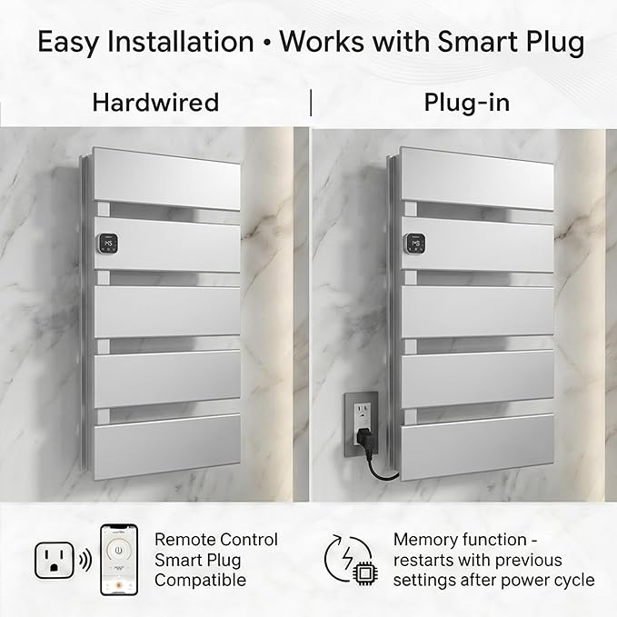 Electric Towel Warmer, Heated Towel Rack with Thermo Control and Timer, Fast Heating Towel Rail for Bathroom with Memroy Function, Work with Smart Plug, Left-Wiring, 5 Panel, Silver
