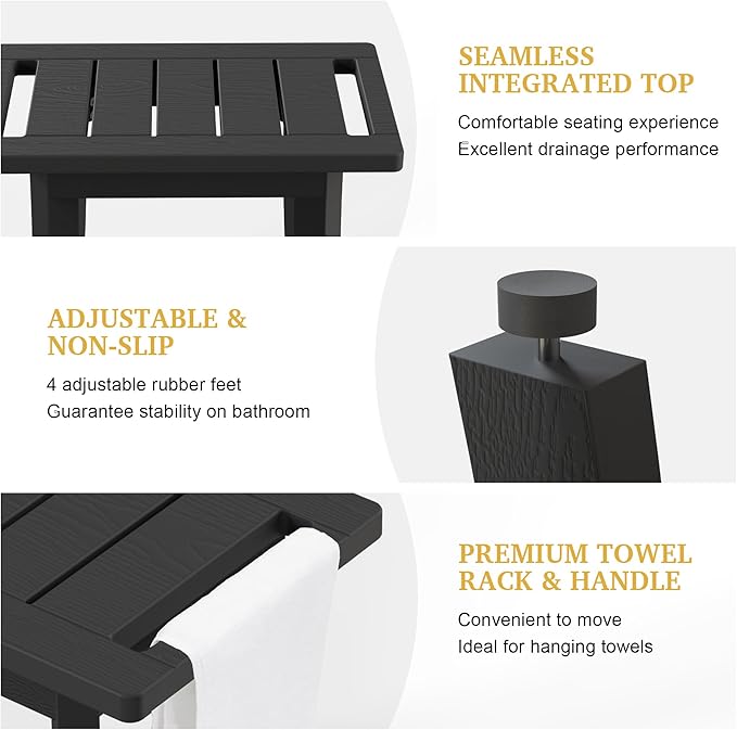 HIPS Shower Bench Inside Shower Stool with Storage Shelf, Waterproof Spa Bath Chair for Bathroom, Seat or Organizer for Living Room, Bedroom - Great for All Ages Unisex Elderly (Small, Black)