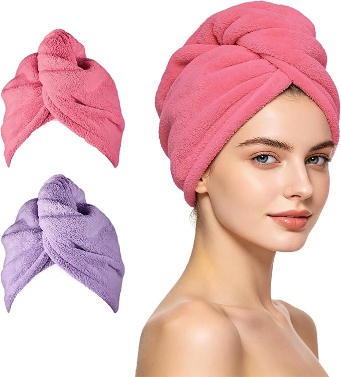 ADOGO Microfiber Hair Towel - 2 Pack Hair Turbans for Wet Hair, Drying Hair Wrap Towels for Women and Kids - Suitable for All Hair Types（Pink，Purple）