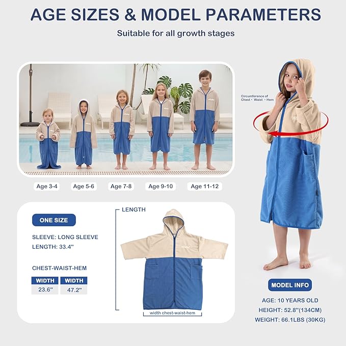 Hiturbo Kids Bath Towel Hoodie: Zipper Surf Poncho Long Sleeve Quick Dry - Absorbent Changing Towels Swimming Outerwear for Beach Pool - Beige/Blue