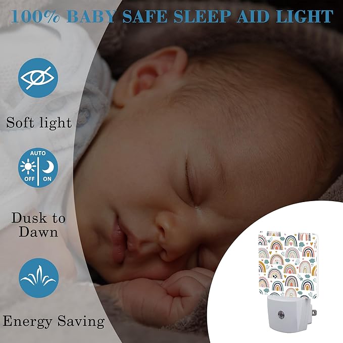 Night Light for Kids Girls Boys, Cute Boho Rainbows LED Night Light Plug into Wall with Dusk to Dawn Sensor for Room Decor, Hallway, Kitchen, Bathroom, Nursery, Stairs