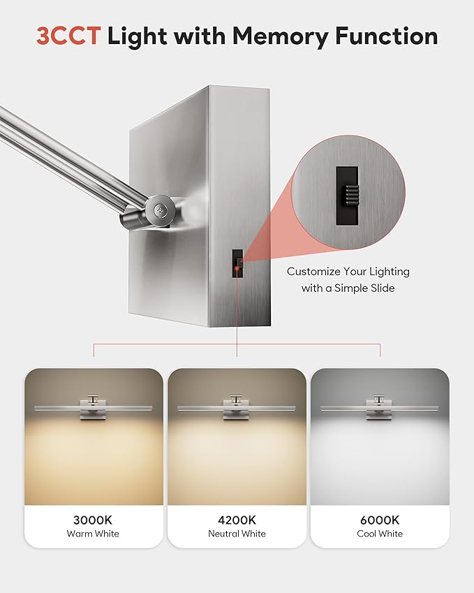 VONLUCE 24" LED Bathroom Vanity Light, 3CCT Modern LED Vanity Lights with 360° Rotatable Head & Swing Arm, 10.3W Bathroom Light Fixture Over Mirror, LED Lights for Bathroom Bedroom, Brushed Nickel