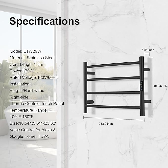 Electric Towel Rack with Voice Control for Alexa & Google Home,TUYA - Wall-Mounted Bathroom Heating Towel Warmer,Plug-in,Stainless Steel Material,16.54x23.62x5.51 in,Black,4 Bars