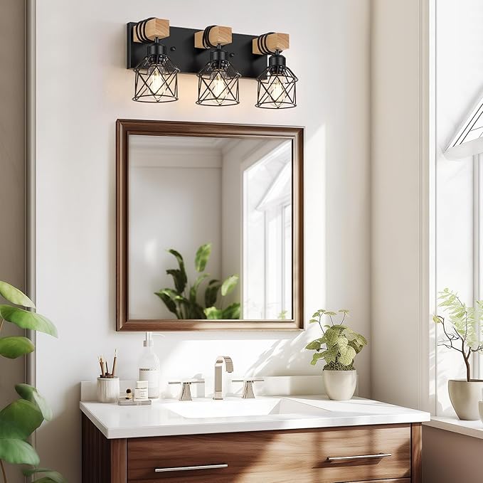 FadimiKoo 3-Light Farmhouse Vanity Light for Bathroom, Wood Bathroom Light Fixtures Over Mirror, Industrial Black Vanity Light with Metal Lampshade for Bedroom Hallway Living Room