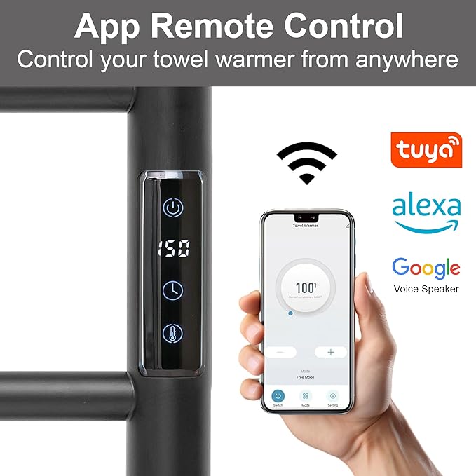 Electric Towel Rack with Voice Control for Alexa & Google Home,TUYA - Wall-Mounted Bathroom Heating Towel Warmer,Plug-in,Stainless Steel Material (Black with WiFi, 6 Bar)