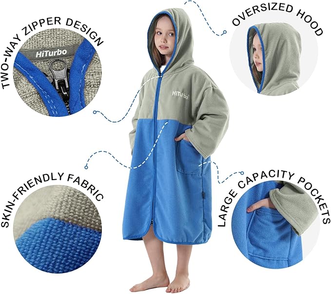 Hiturbo Kids Bath Towel Hoodie: Zipper Surf Poncho Long Sleeve Quick Dry - Absorbent Changing Towels Swimming Outerwear for Beach Pool - Gray/Blue