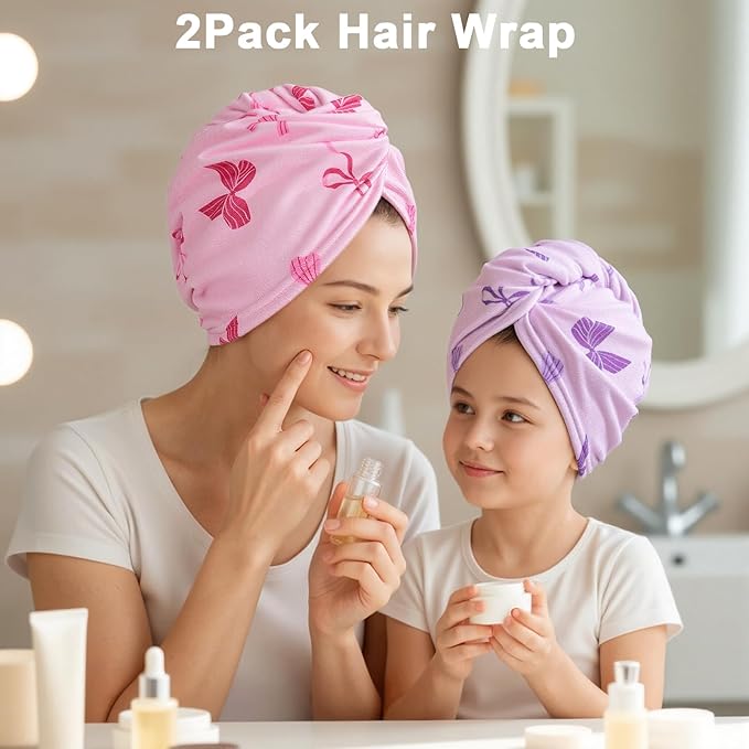 Unicorn Castle Microfiber Hair Towel for Kids 2Pack Hair Wrap Towels Absorbent Hair Drying Towel Wrap Hair Turbans for Curly Thick Hair, Pink Purple Bow