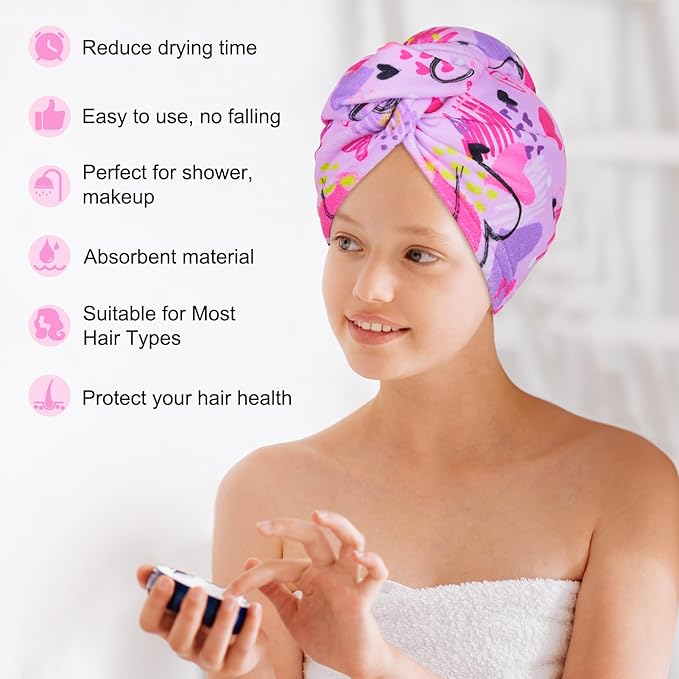 Basumee Microfiber Hair Towel Wrap for Kids 2 Pack Rapid Drying Hair Towel with Button Hair Turbans for Wet Hair Wraps Head Towel Wrap for Women and Girls, Blue and Purple Love