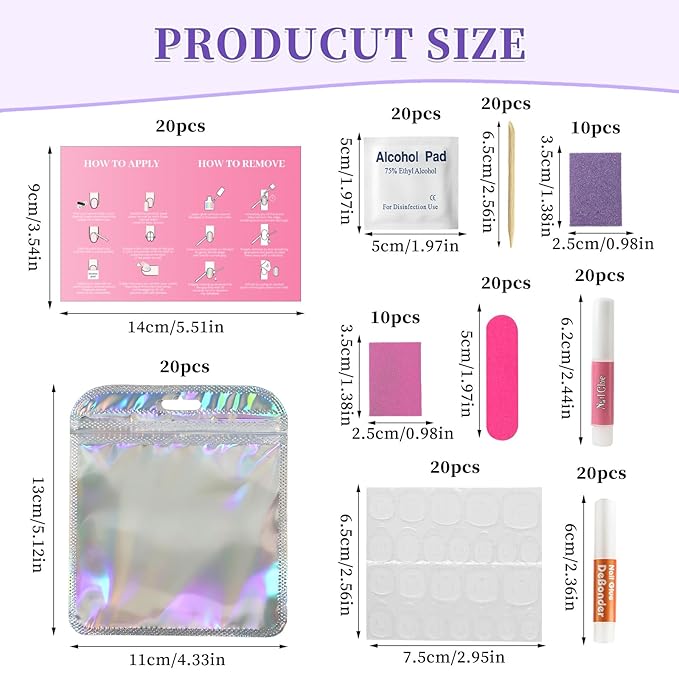 TADOPRO 20PCS Press On Nail Tool Kit, Disposable Nail Prep Kit for Salon Home Nail Business Supplies with Nail File, Nail Glue & Remover, Buffer, Instruction Card, Prep Pads, Tabs(20pcs Set)