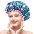 mikimini Large Shower Cap for Women Long Hair, 2 Pack,Flamingo Shower Caps with Pink Lace, Double-layer Waterproof, Reusable, Washable,X-Large (Pack of 2)