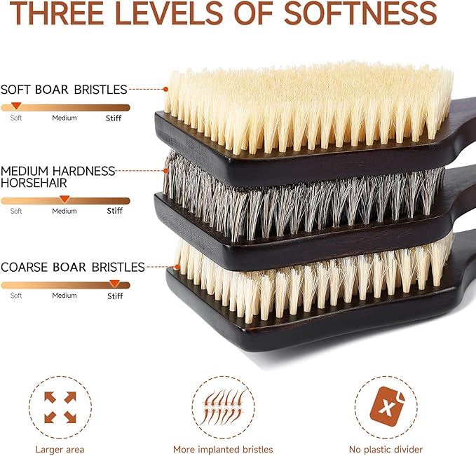 Back Scrubber Shower Brush,Dry Brushing Body Brush with 17.7 Inch Curved Long Handle, Natural Bristles for Lymphatic Drainage, Soft & Stiff Bristles Available (Gray Handle, Stiff)