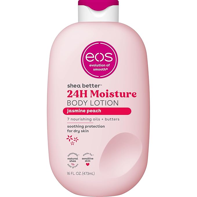 eos Shea Better Body Lotion Jasmine Peach, 24-Hour Moisture Skin Care, Lightweight & Non-Greasy, Natural Shea, Vegan, 16 fl oz
