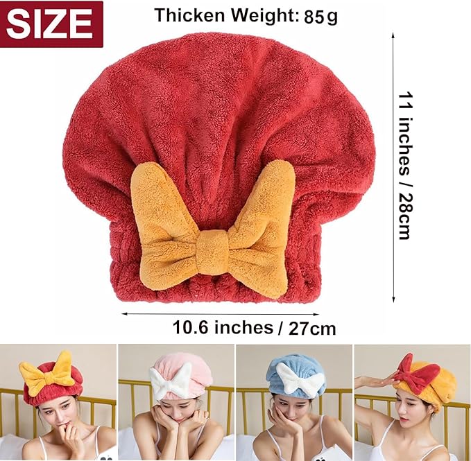 4Pcs Microfiber Hair Drying Cap,Ultra Absorbent Hair Towel Wrap Turban for Girls Women Soft Quick Dry Hair Towels with Bow Tie Shower Cap for Kids (Mixed Colors)