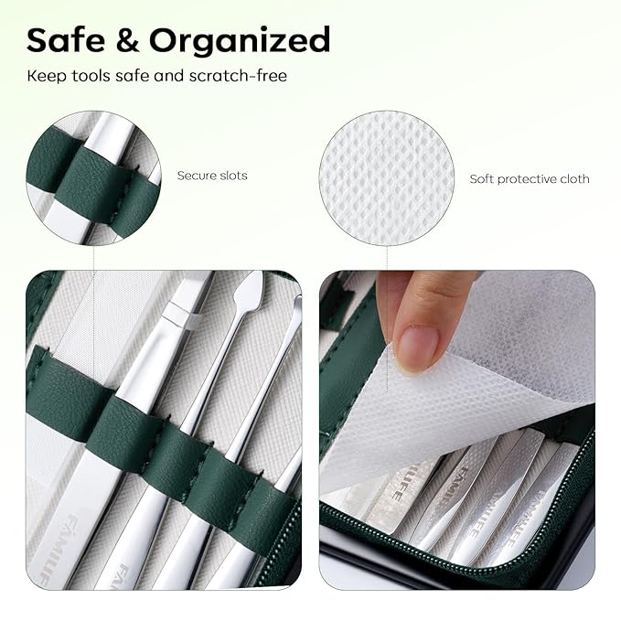 FAMILIFE Manicure Kit for Women, 9 Pcs Carbon Steel Nail Grooming Kit with Compact Case, Stylish Green Travel Manicure Set for Home, On-the-Go Care, Daily Use Nail Clipper Set (Green)