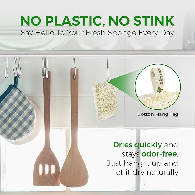 AIRNEX Natural Loofah Sponges for Dishes - Pack of 6 Plastic Free Loofah Kitchen Sponges with Cellulose Core & Cotton Loop - Non Toxic Natural Sponges for Dishes & Kitchen Cleaning