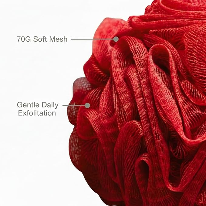 Large Bath Sponge Pack of 3 – Soft 70G Mesh Loofahs with Suction Cup (Dark Red): Gentle Exfoliation for All Skin Types, Rich Lather Poufs for Daily Shower Use