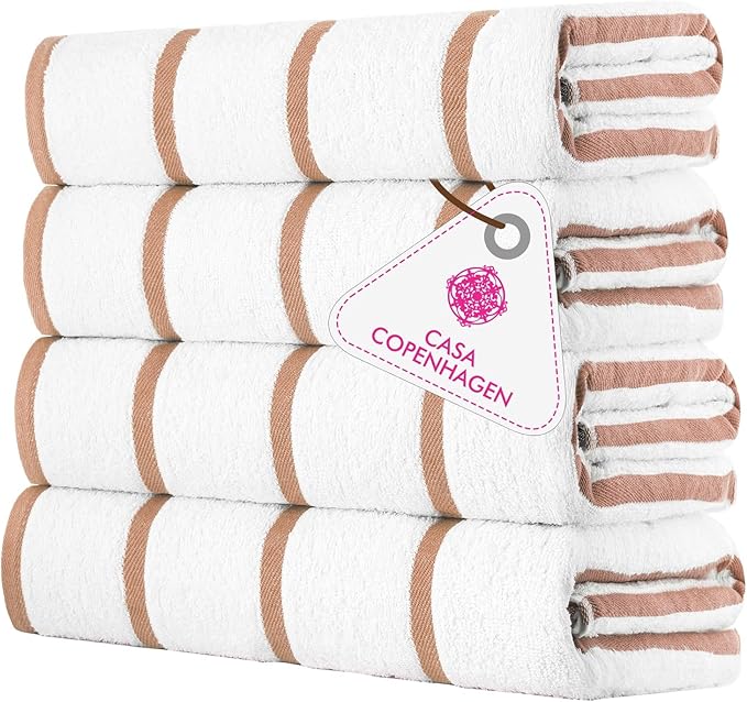 CASA COPENHAGEN Cabana Pool 4Pcs 100% Egyptian Cotton Large Designer Beach Towels Gift Set- White Beige, 500GSM, 55"x27", 4 Beach Bath Towels (Box Pack, Set for Women & Men)