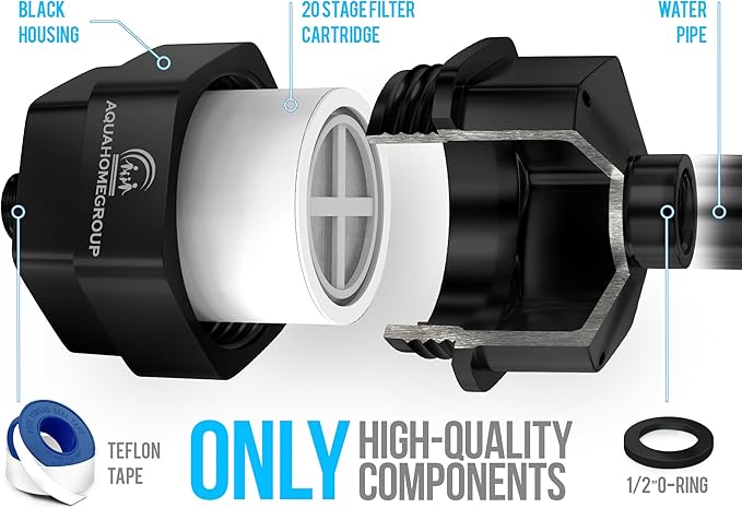 AquaHomeGroup 20 Stage Shower Filter - Reduces Chlorine, Heavy Metals and Sediment - Vitamin C and E - High Output - Universal Fit - Black