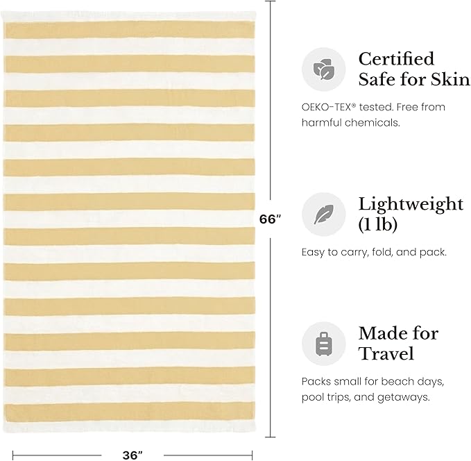 Lightweight Turkish Beach Towel - 100% BCI Cotton, Unbleached Raw Fringe, Oeko-TEX Certified, Absorbent, Eco-Friendly, 36x66”, Golden Lucuma & Natural Stripes, Portable Sarong Blanket for Pool, Travel