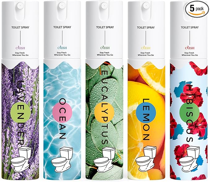 Travel Size Toilet Spray, Bathroom Odor Eliminator, 5 Pack, 1 fl oz Each, Up to 250 Uses, For Home and Travel, Essential Oils Freshener Spray, Ocean, Lemon, Lavender, Hibiscus, Eucalyptus