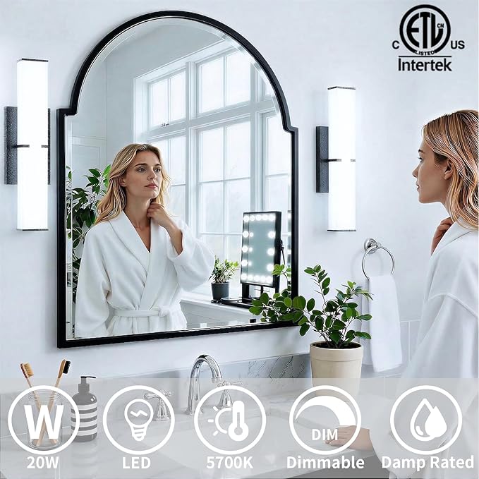 16 Inch LED Bathroom Lighting Fixtures Over Mirror, Modern Black Vanity Lights for Bathroom, Dimmable Vanity Light Bar, 5700K Cool White IP44 Waterproof Wall Light