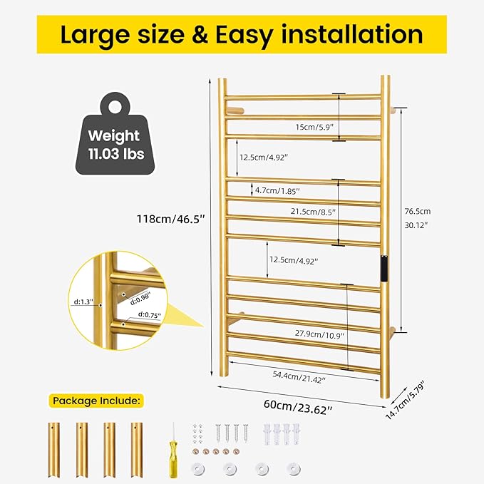 12-Bars Gold Heated Towel Rack–23" Wall Mounted Towel Warmer with Timer & Temperature Control, Stainless Steel