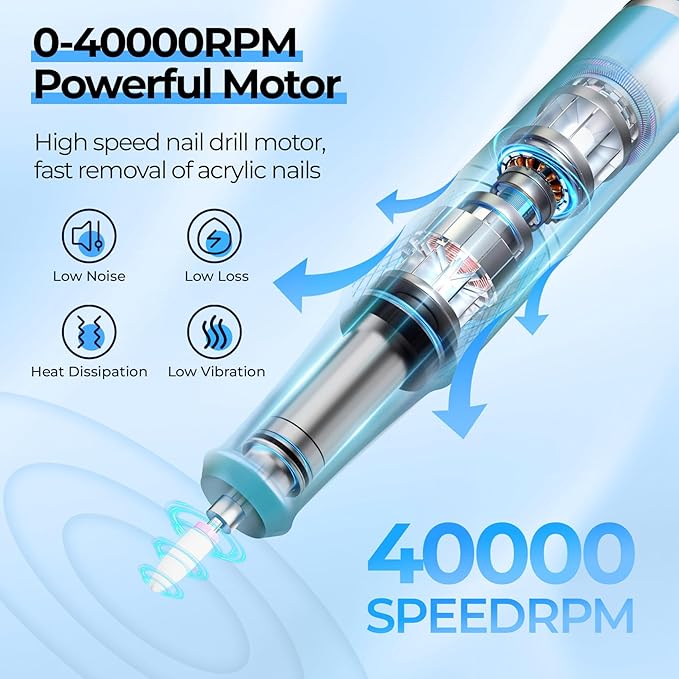 JOSGLOI Electric Nail Drill Professional: 40000RPM Electric Nail File Kit E File Nail Drill Machine with LCD Display for Acrylic Gel Nail, Manicure Pedicure Polishing Nail Grinder for Salon Home Use