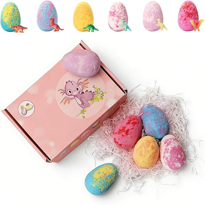 Bath Bombs with Surprise Inside, 6/12 Pack Fizzy Bubble Bath Gift Set, Dinosaur Egg & Ocean Theme Bath Fizzies, Natural Sea Salt Color Changing Spa Easter Bath Balls (Dinosaur Egg 6PC Pink Box)