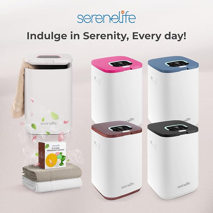 SereneLife Towel Warmer Bucket - Compact 23L Bathroom Towel Heater with Essential Oils Disc Holder, Adjustable Timer, Auto Shut-Off, Power Cord Storage & LED Display, Fits 2 Oversized Towels (White)