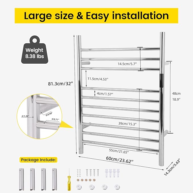 10-Bars Silver Heated Towel Rack–23" Wall Mounted Towel Warmer with Timer & Temperature Control, Stainless Steel