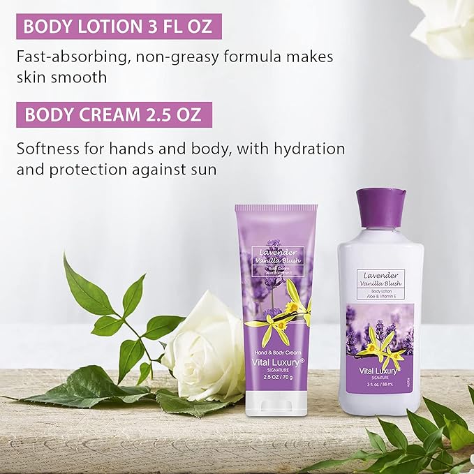 Bath & Body Travel Kit - Lavender Vanilla Blush Fragrance Mist, Body Lotion, Shower Gel, and Body Cream - Ideal 3 Fl Oz Skincare Gift Set for Home Spa