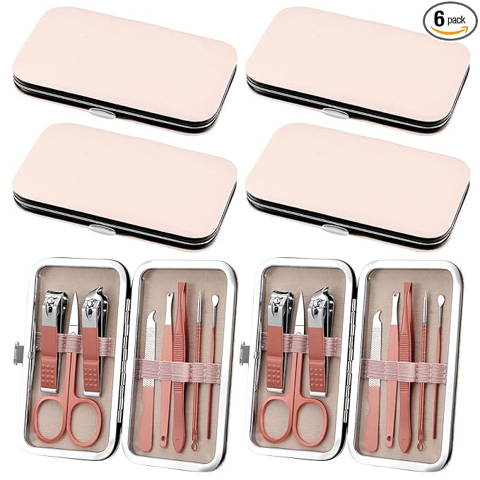 6 Sets Manicure Set 8 in 1 Stainless Steel Nail Clippers Pedicure Kit, Professional Manicure Grooming Kit Cuticle Nail Care Foot Pedicure Tools with Portable Travel Case for Men Women Gift (Rose Gold)