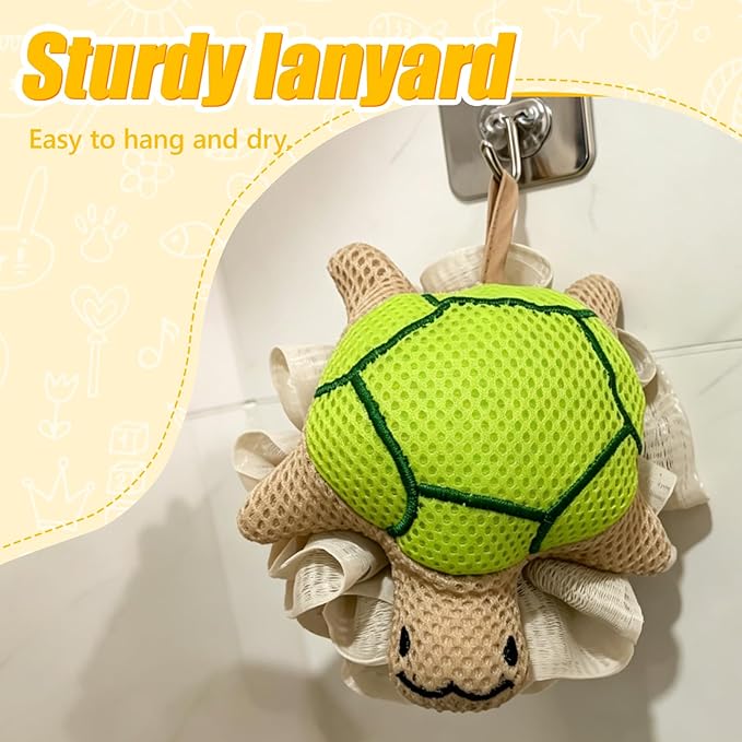 Kids Loofah, Cute Cartoon Animal Kids Bath Sponge with Hanging Rope, Soft Double Mesh for Rich Lather (Little Turtle)