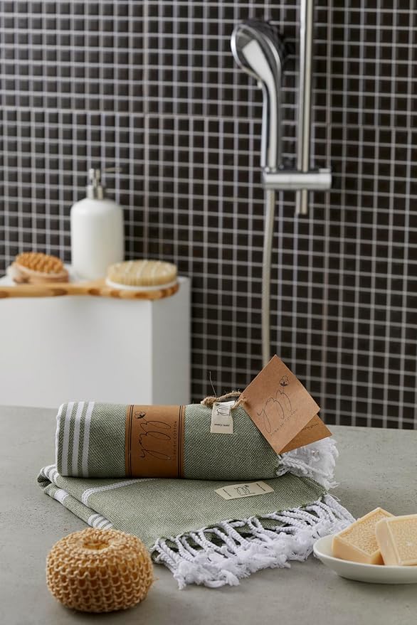 Hand Towels - Set of 2, 18" x 30" inches, Turkish Cotton owels for Bathroom Kitchen, Gym Towels - Thin Light Compact Travel Towels (Army Green)