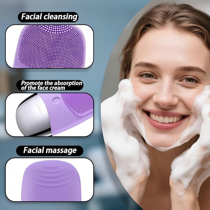 Facial Cleansing Brush, 3-in-1 Electric Silicone Face Scrubber, Vibrating Massager, IPX7 Waterproof, USB Rechargeble Pore Brush for Deep Cleanning, Blackhead Remover, Exfoliating (Purple)