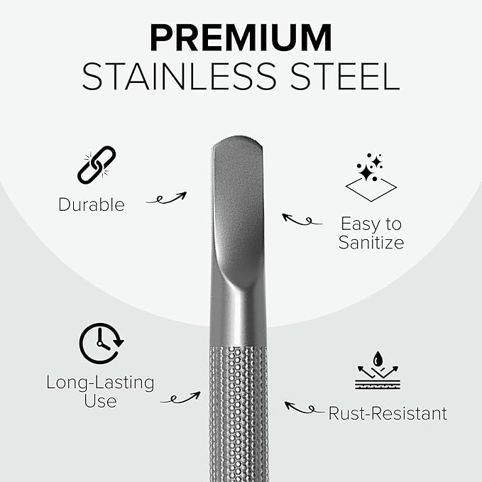 Stainless Steel Nail Cuticle Pusher with Spoon Nail Cleaner - Professional Dual Sided Fingernail Cleaner for Under Nails - Saloon Quality Dual Ended Manicure & Pedicure Tool for Cuticle Care & Nails