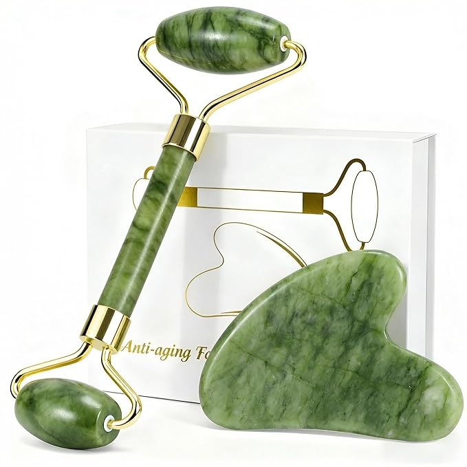 MANLENO Jade Roller & Gua Sha Set - Natural Jade Face Roller Facial Massage Skincare Tools for Women,Reduce Puffiness and Fine Lines (Forest Green)