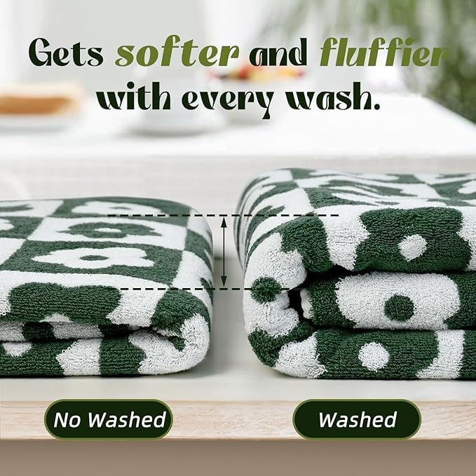 Jacquotha 2-Pieces Luxury Bath Towels Checkered Floral, Green Towels for Women Girls Shower Body 27.5x55 Inches, Cute Bathroom Decor, Cotton