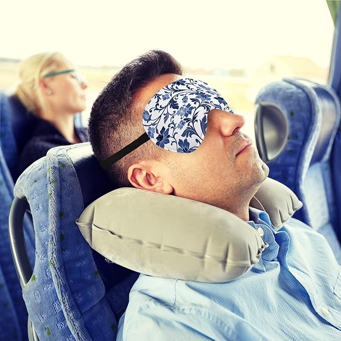 Blue and White Porcelain Silk Eye Mask for Sleeping, Adjustable Strap Night Sleep Mask for Women Girls, Airplane Travel Nap, Blue Flowers Sleeping Mask Eye Cover
